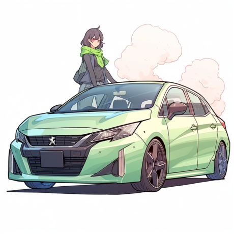 Anime girl and Green Peugeot 308