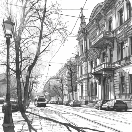 Illustration with Kharkiv streets, sketch style, monocolor --ar 1:1 --v 6
