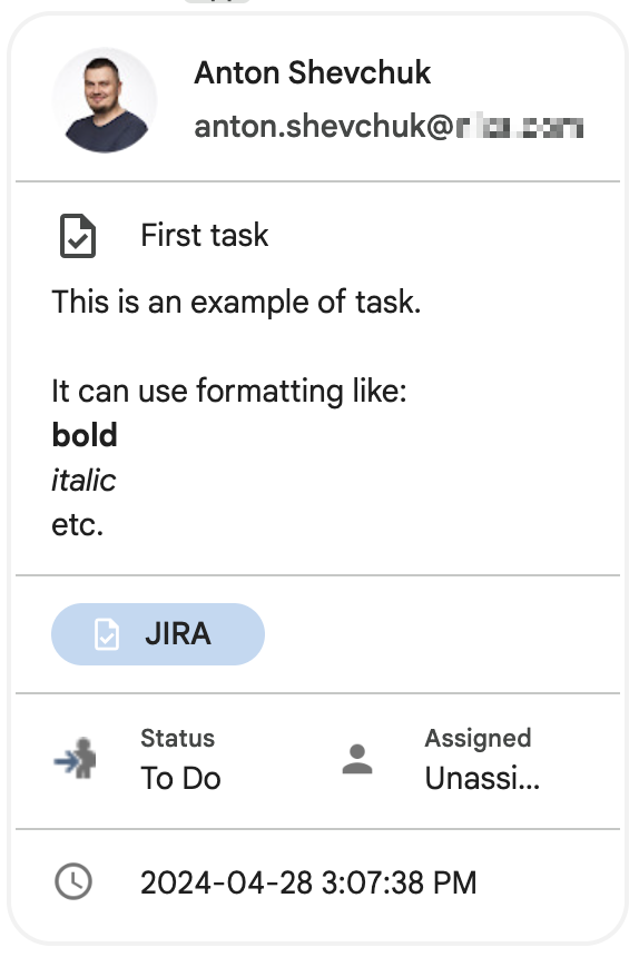 Task card in Google Chat