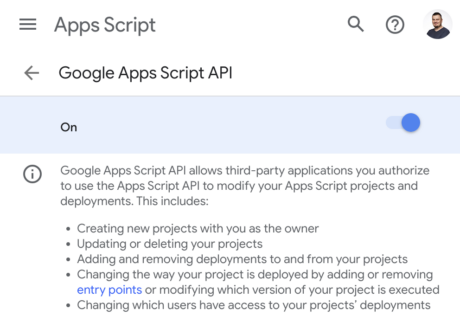 Enable Google AppScript API